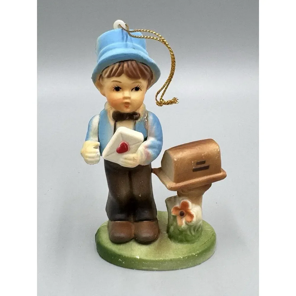 Vintage Ornaments Bus Stop Girl & Boy At Mailbox Set Of 2